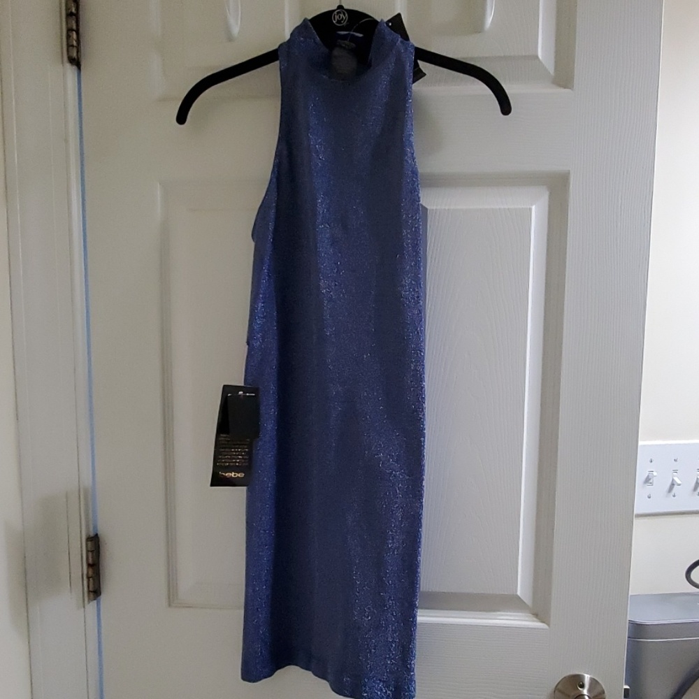 BEBE mock neck racer back tank dress sparkly blue